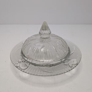 Antique Jeanette Iris and Herringbone Glass Covered Butter Dish 5" Round 3" Tall